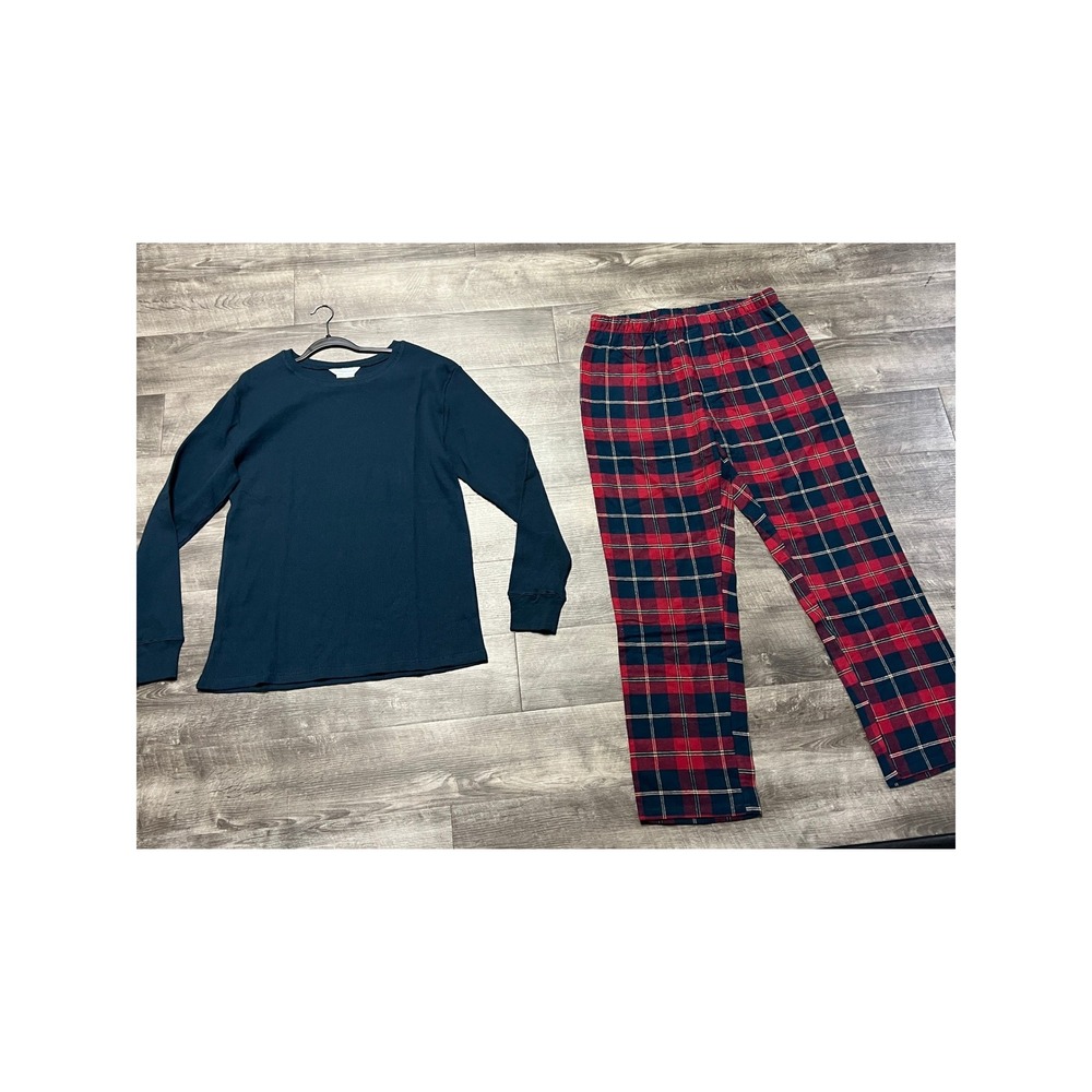 The Company Store Pajama Set Mens L Navy Waffle Knit Thermal Top Flannel Pants